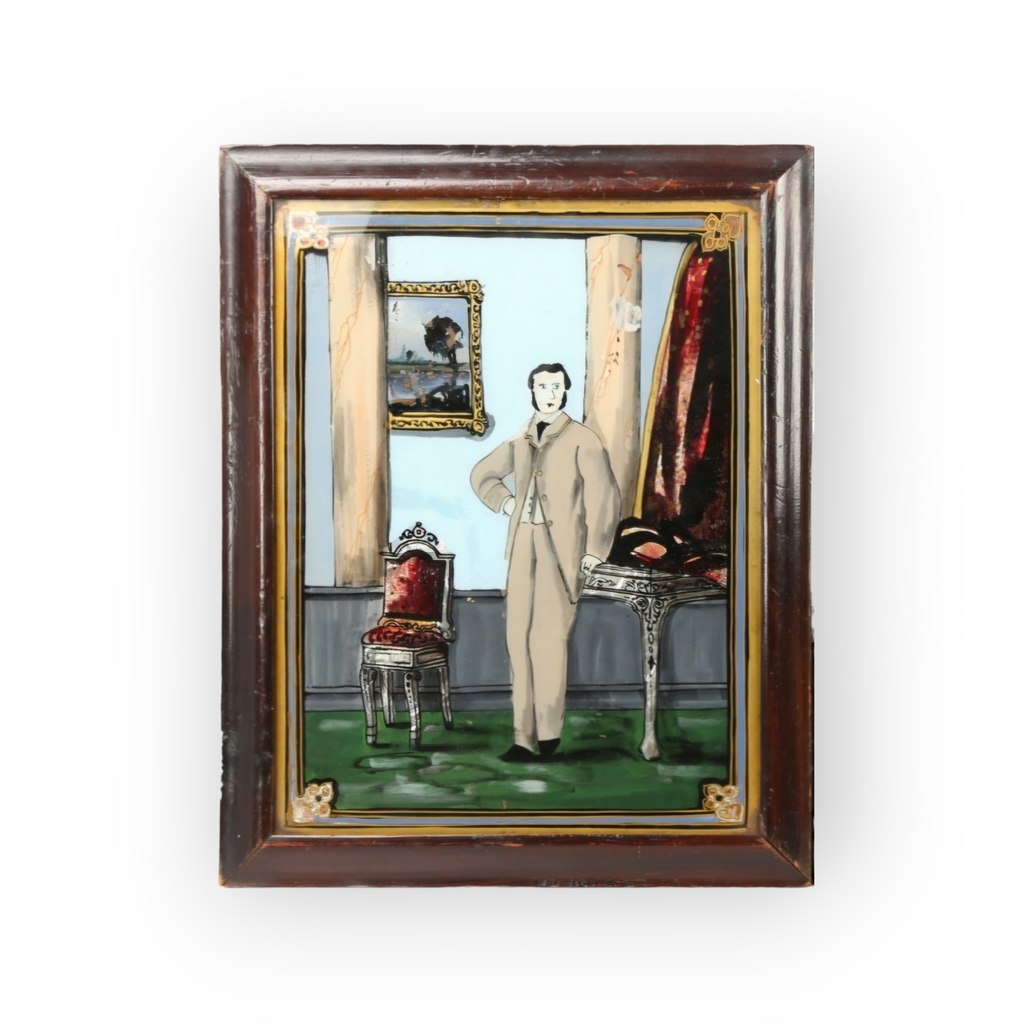 Rare Pair Of Primitive / Naive Mid 19th-Century American Antique Folk-Art Portrait Paintings On Glass