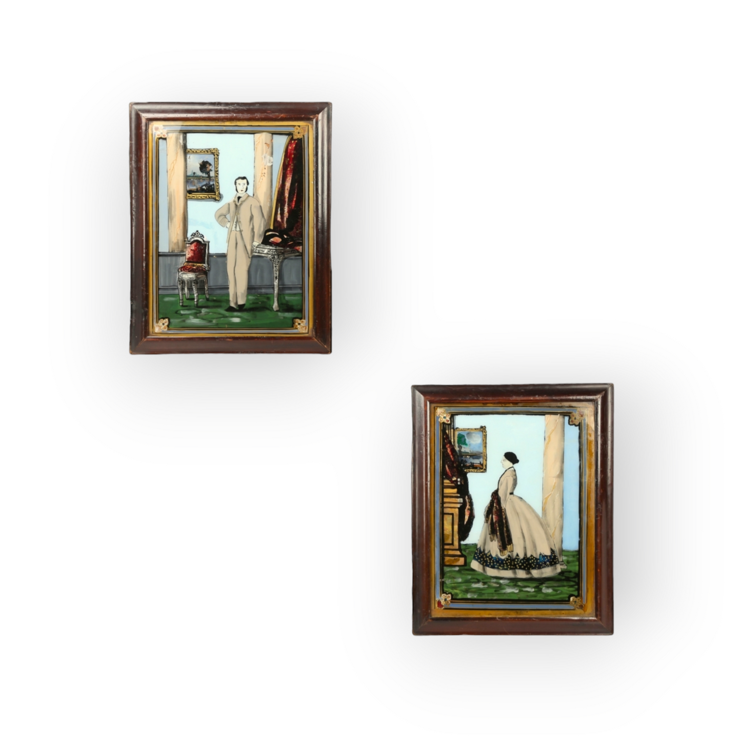 Rare Pair Of Primitive / Naive Mid 19th-Century American Antique Folk-Art Portrait Paintings On Glass