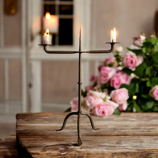 Early 19th-Century Antique Iron Two-Branch Candelabrum / Pricket Candlestick