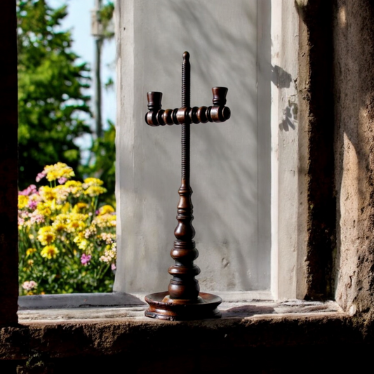 An 18th-Century Antique Treen Rise-And-Fall Two-Branch Candelabrum / Candlestick