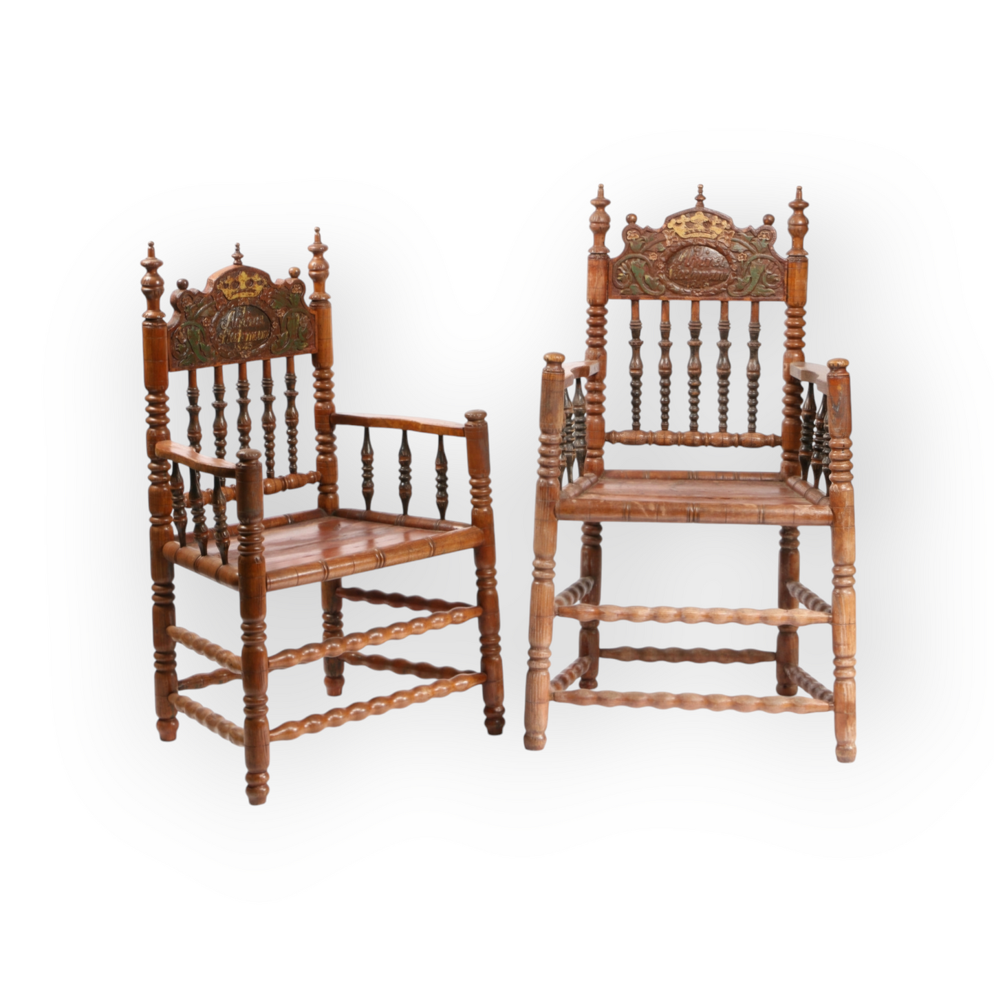 Pair of Mid-19th Century Continental Antique Turners Armchairs Dated 1843