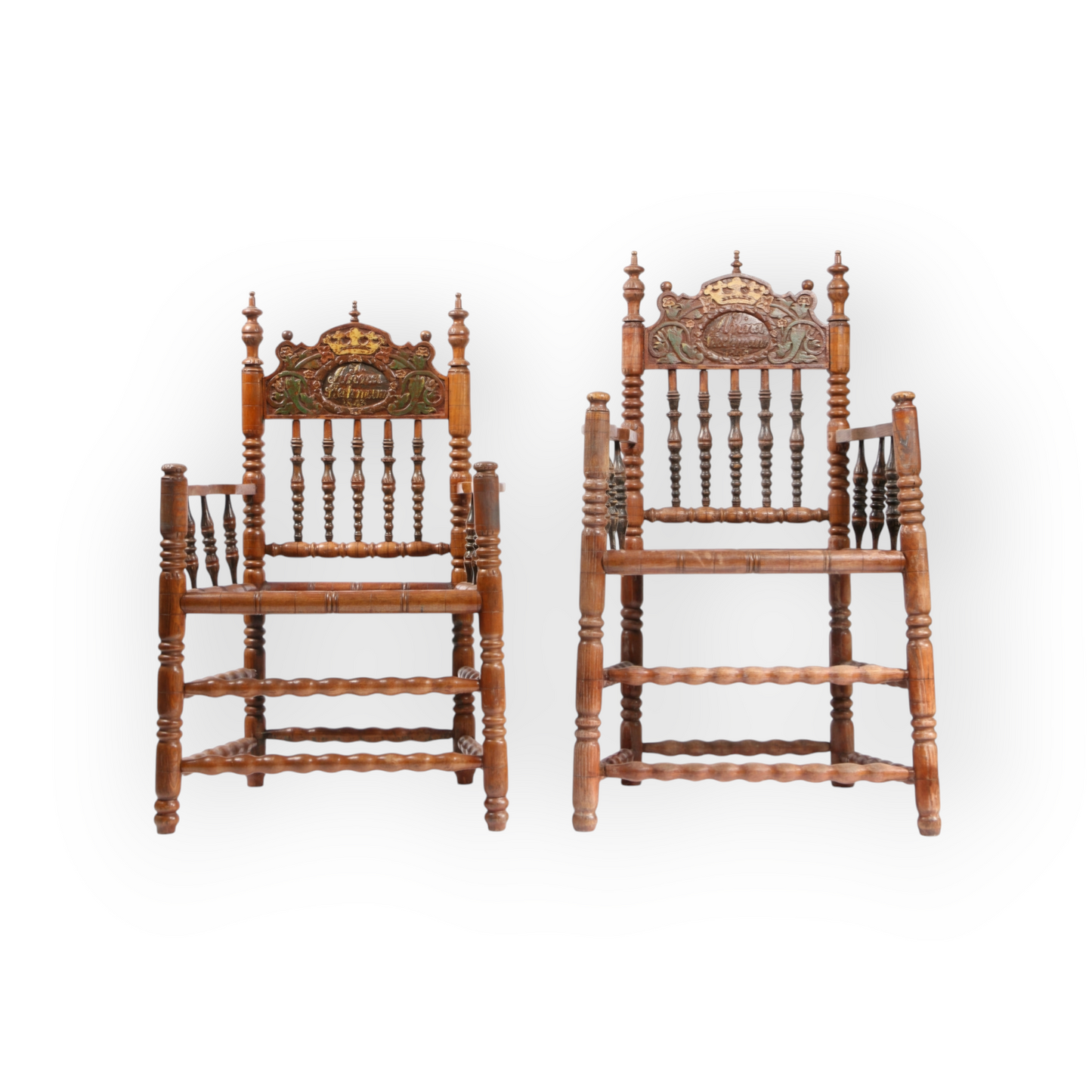 Pair of Mid-19th Century Continental Antique Turners Armchairs Dated 1843