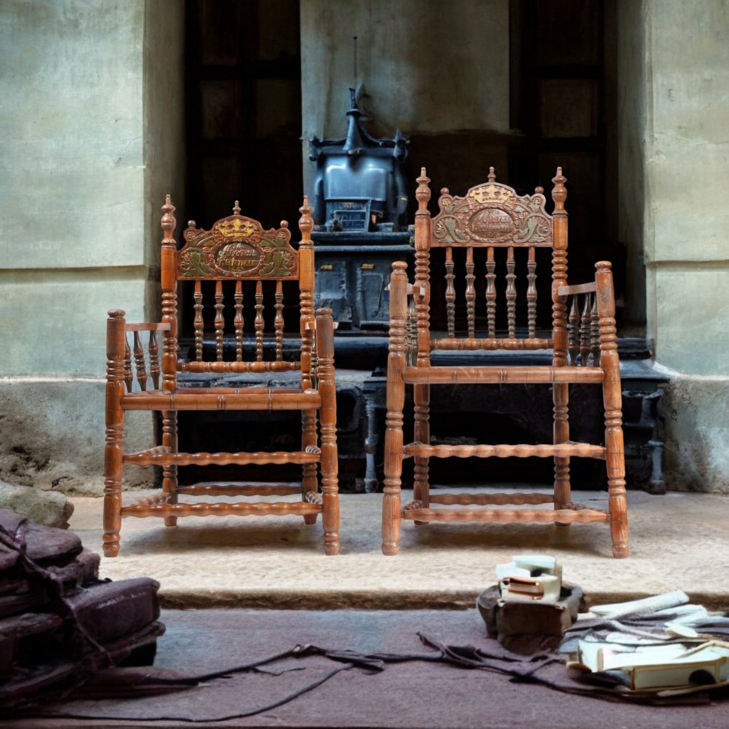 Pair of Mid-19th Century Continental Antique Turners Armchairs Dated 1843