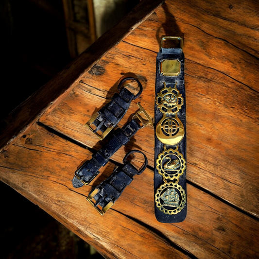 Four 19th-Century English Antique Horsebrasses, Original Antique Leather Martingale & Associated Items