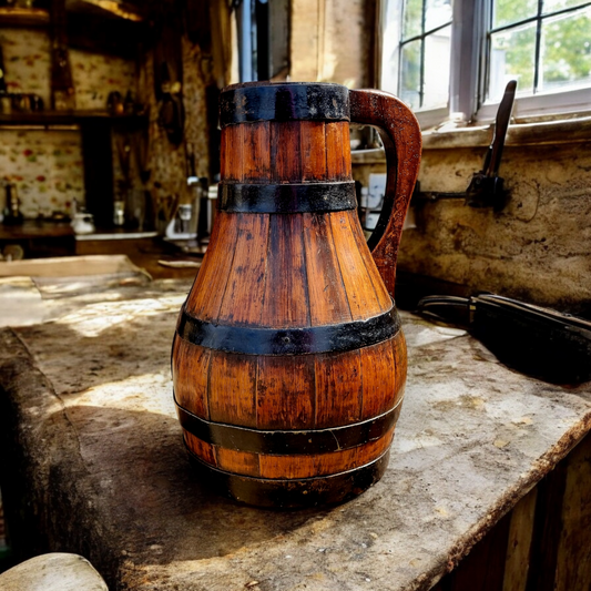 18th-Century Antique Oak Pitcher With Iron Bindings