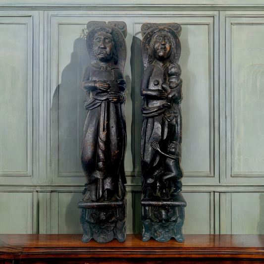 Pair of Late 16th-Century English Antique Carved Oak Terms