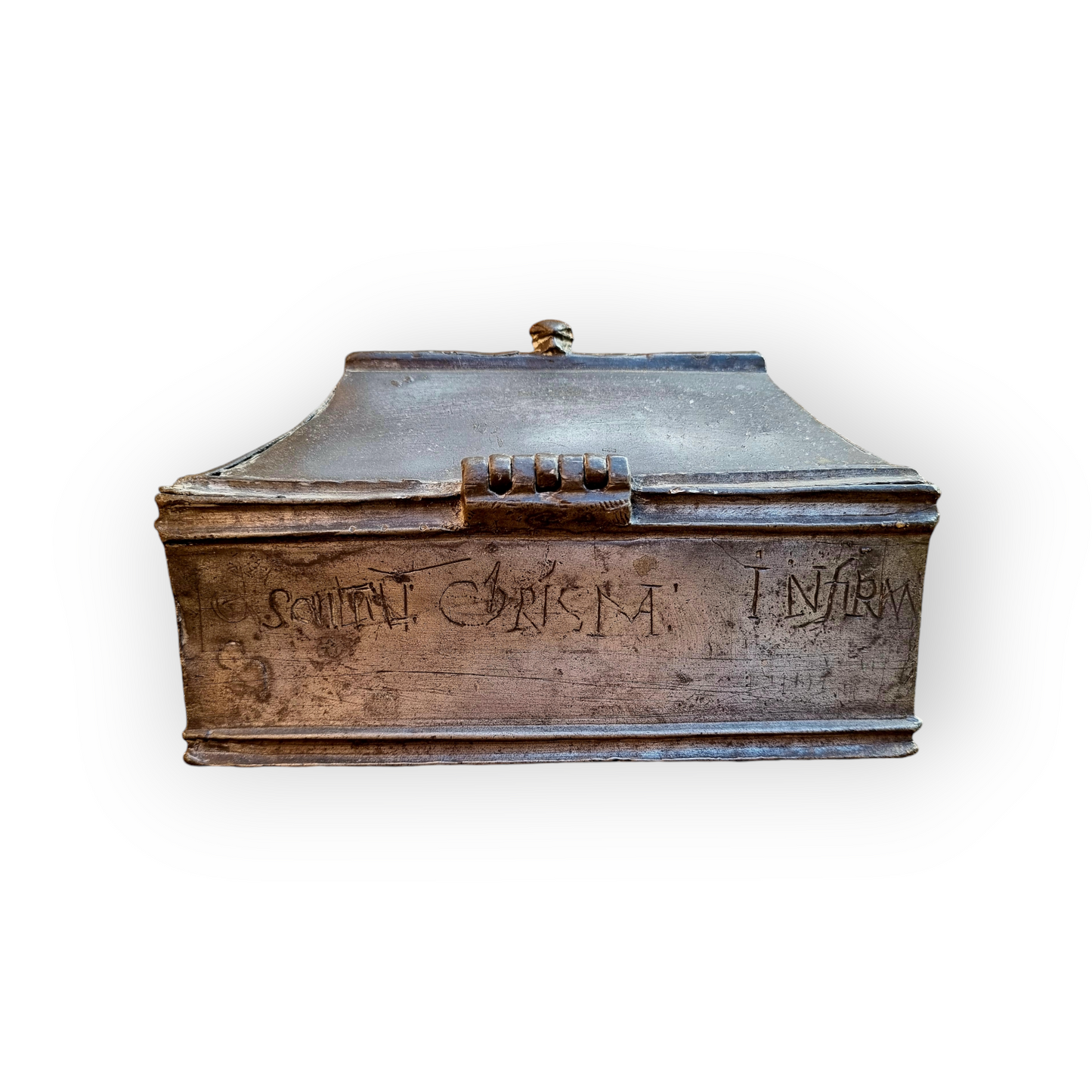 Diminutive 17th Century Antique Lead Table Casket Used For Sacramental Holy Oils