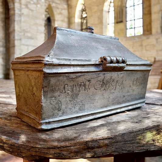 Diminutive 17th Century Antique Lead Table Casket Used For Sacramental Holy Oils