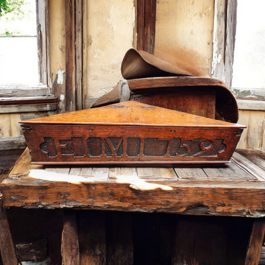 Mid 18th-Century English Antique Oak Hat Box Of Triangular Form, Bearing The Initials "EIM" & Dated "1759"