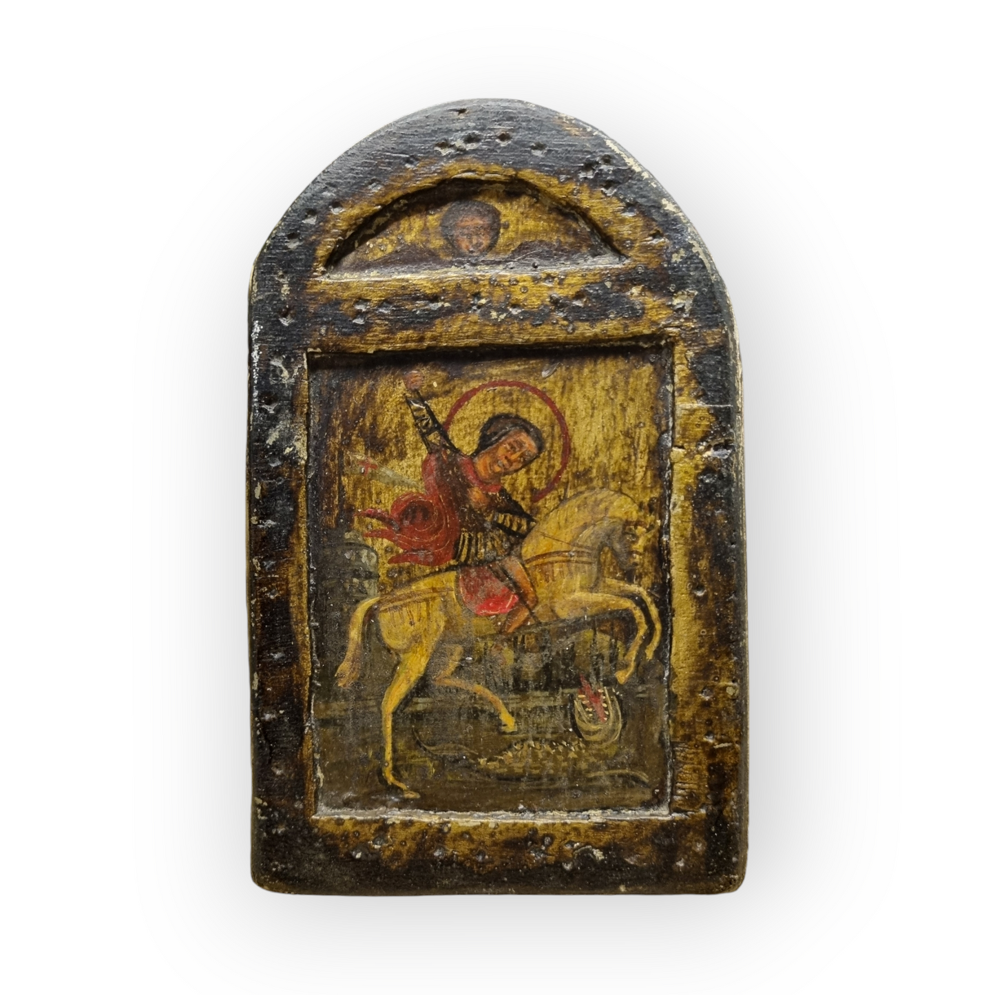 A Diminutive Early 18th-Century Orthodox Antique Travelling Icon of Saint George Slaying The Dragon