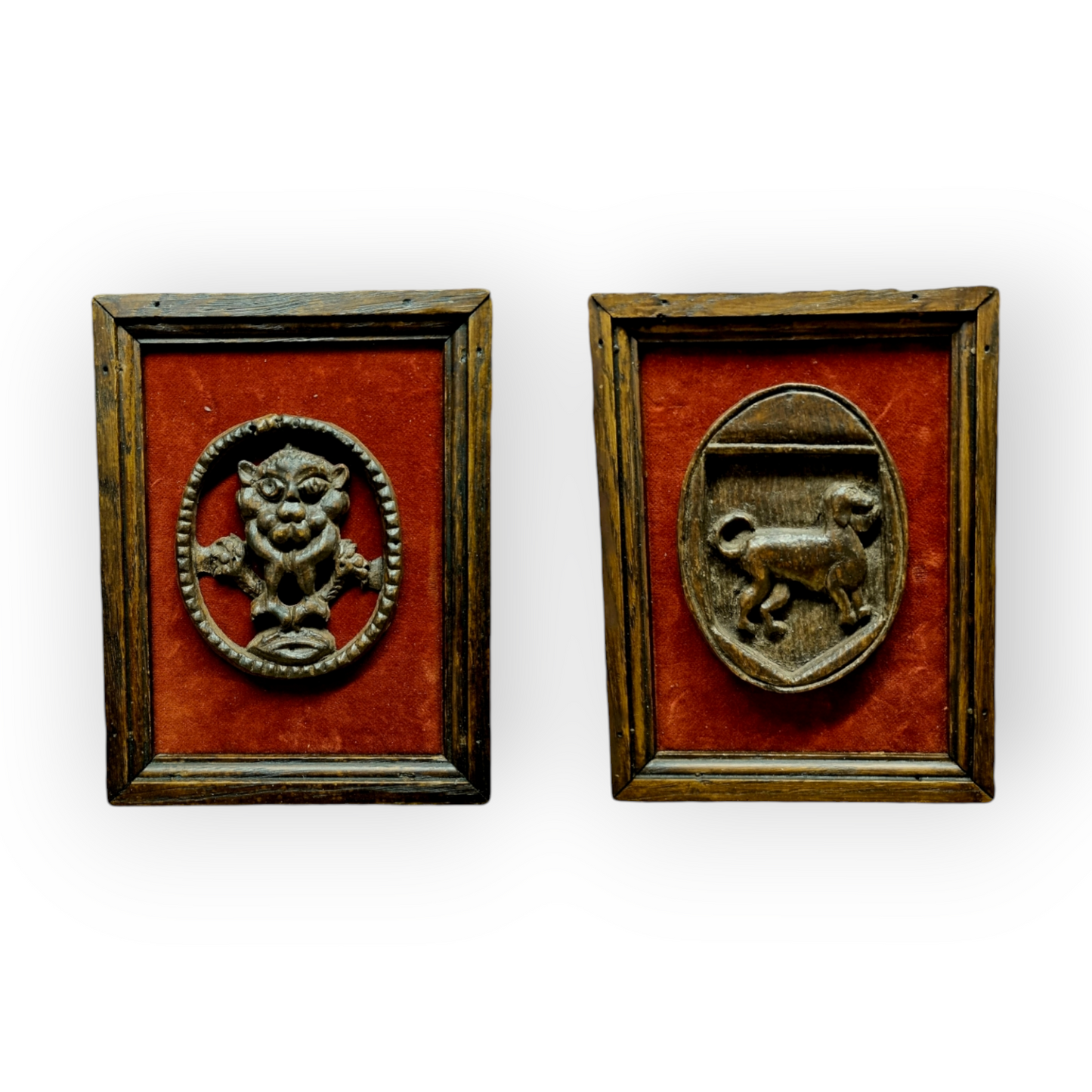 Pair of Early 17th-Century English Antique Carved Oak Mounts / Appliqués, Presented in Contemporary Frames