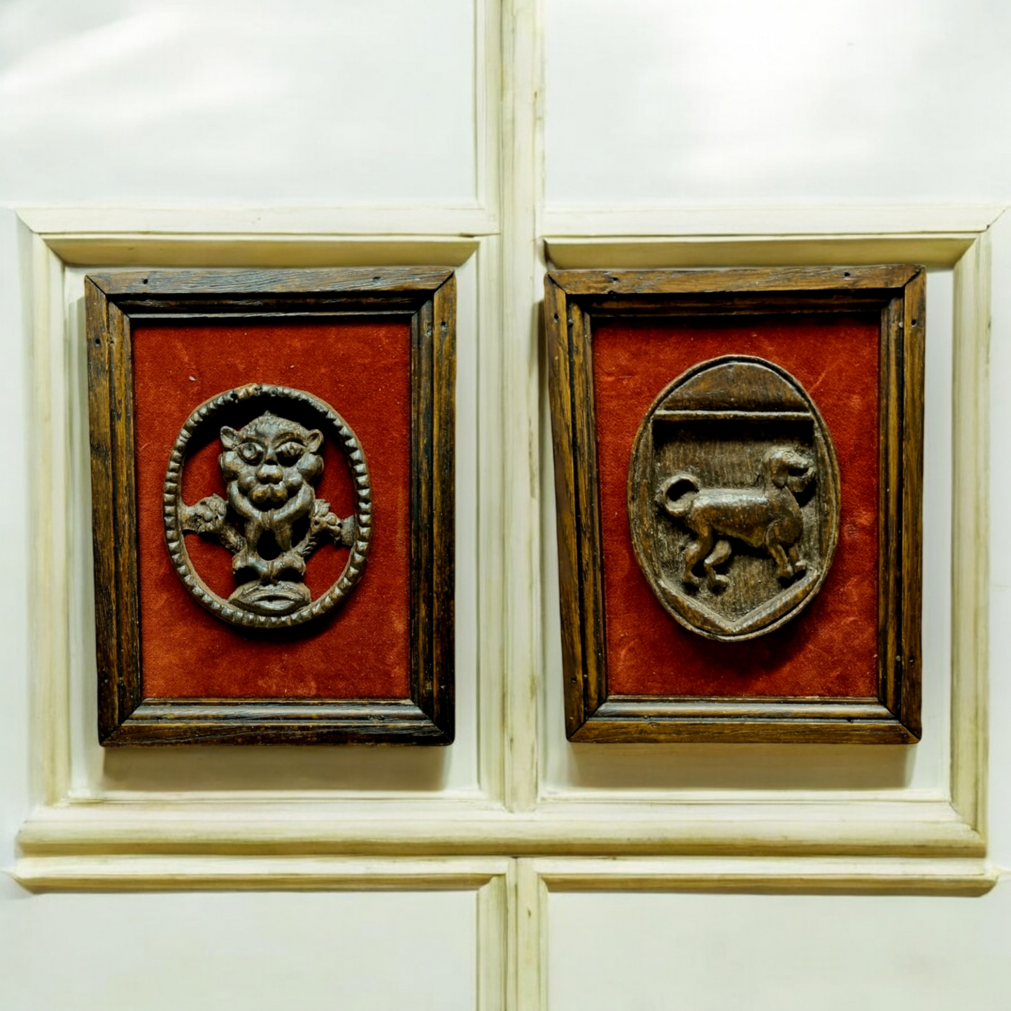 Pair of Early 17th-Century English Antique Carved Oak Mounts / Appliqués, Presented in Contemporary Frames