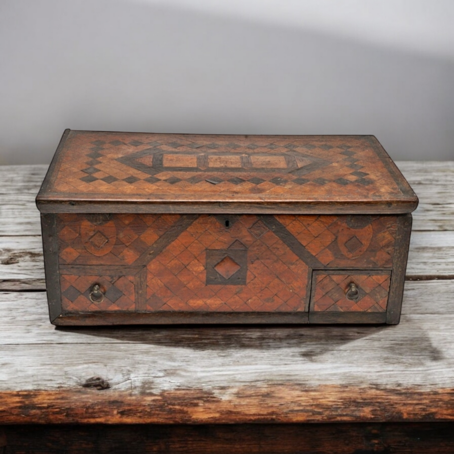 17th-Century Continental Antique Parquetry-Inlaid Wooden Table Box