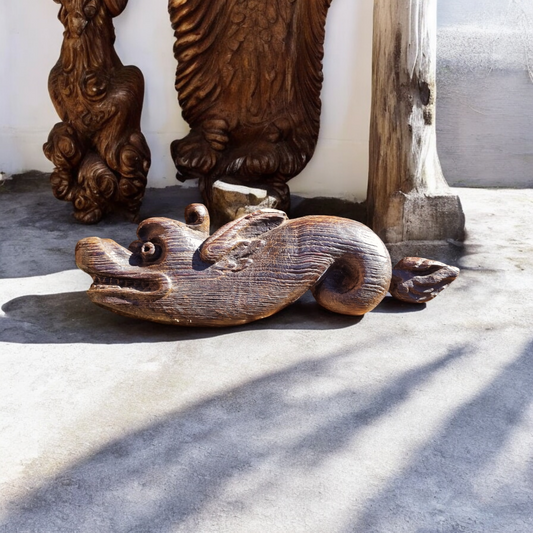 A Late 15th / Early 16th-Century Antique Carved Oak Sculpture of a Mythical Beast