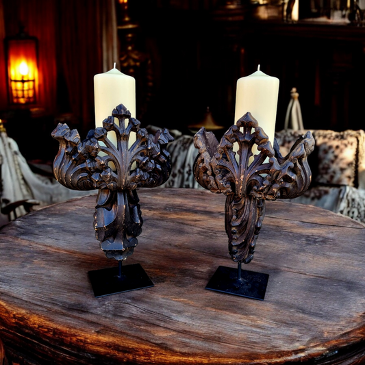 A Fine, Large & Impressive Pair Of 19th Century English Antique Gothic Revival Poppy Finial Carved Wood Candleholders