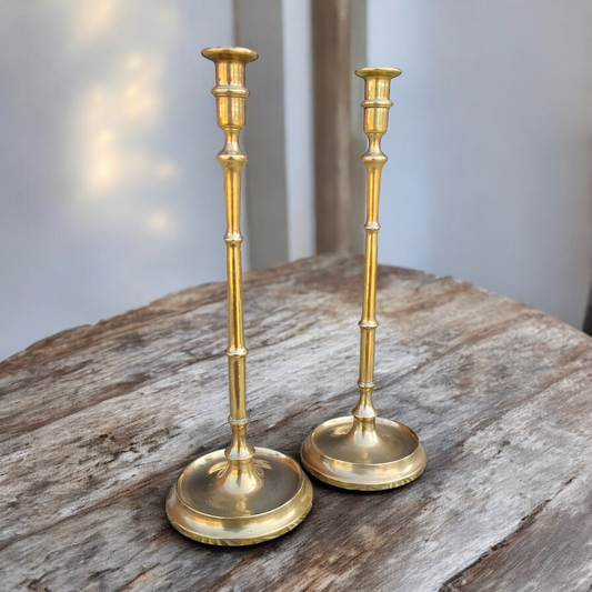 Rare Pair of Large Elongated 17th-Century / 18th-Century English Antique Brass Candlesticks, circa 1660-1710