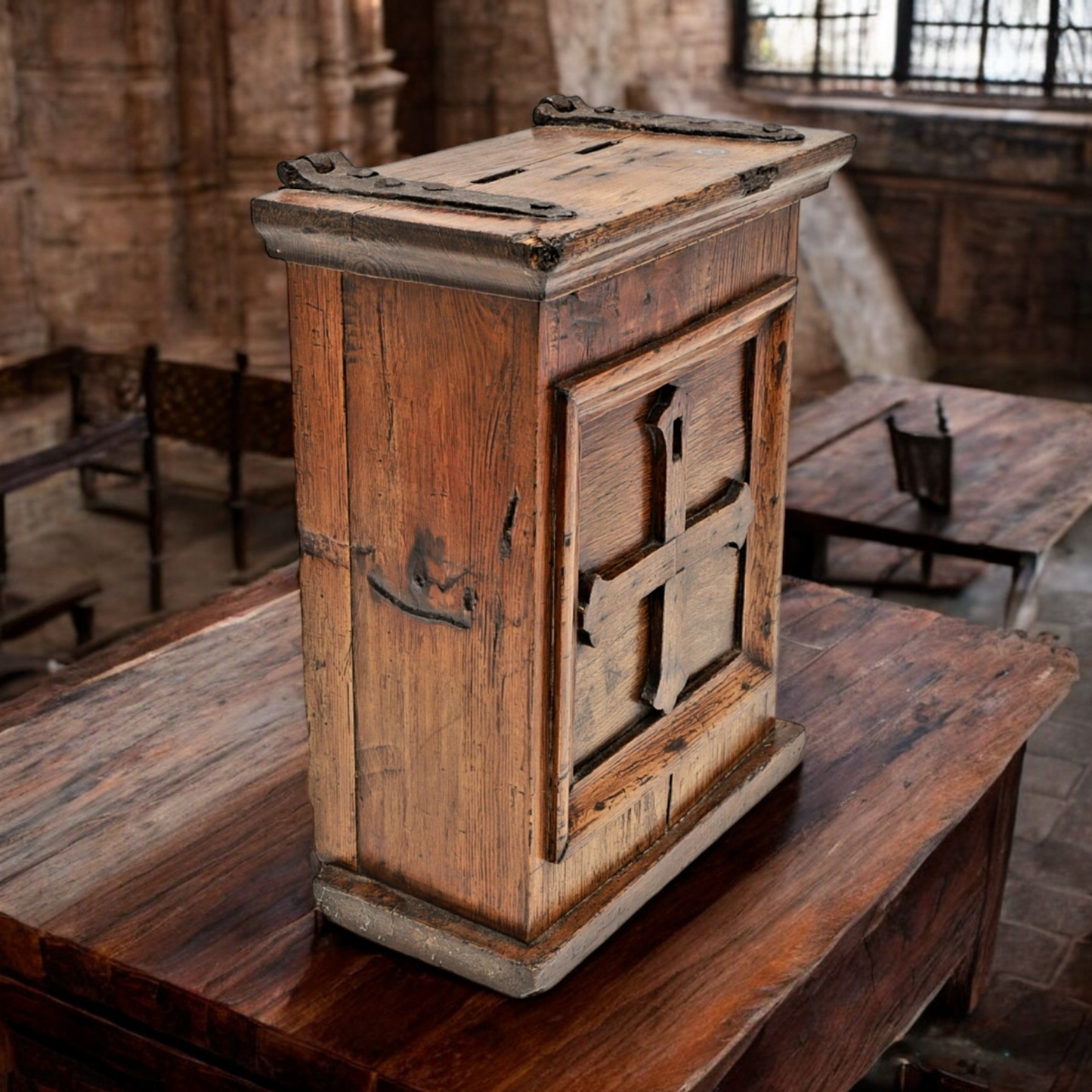 18th Century Antique Oak-Effect Scumbled Pine Alms Box / Offertory Box