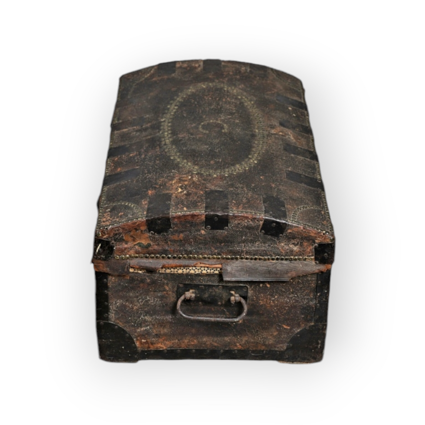 17th-Century English Antique Domed-Topped Leather-Clad Iron-Bound Chest / Trunk