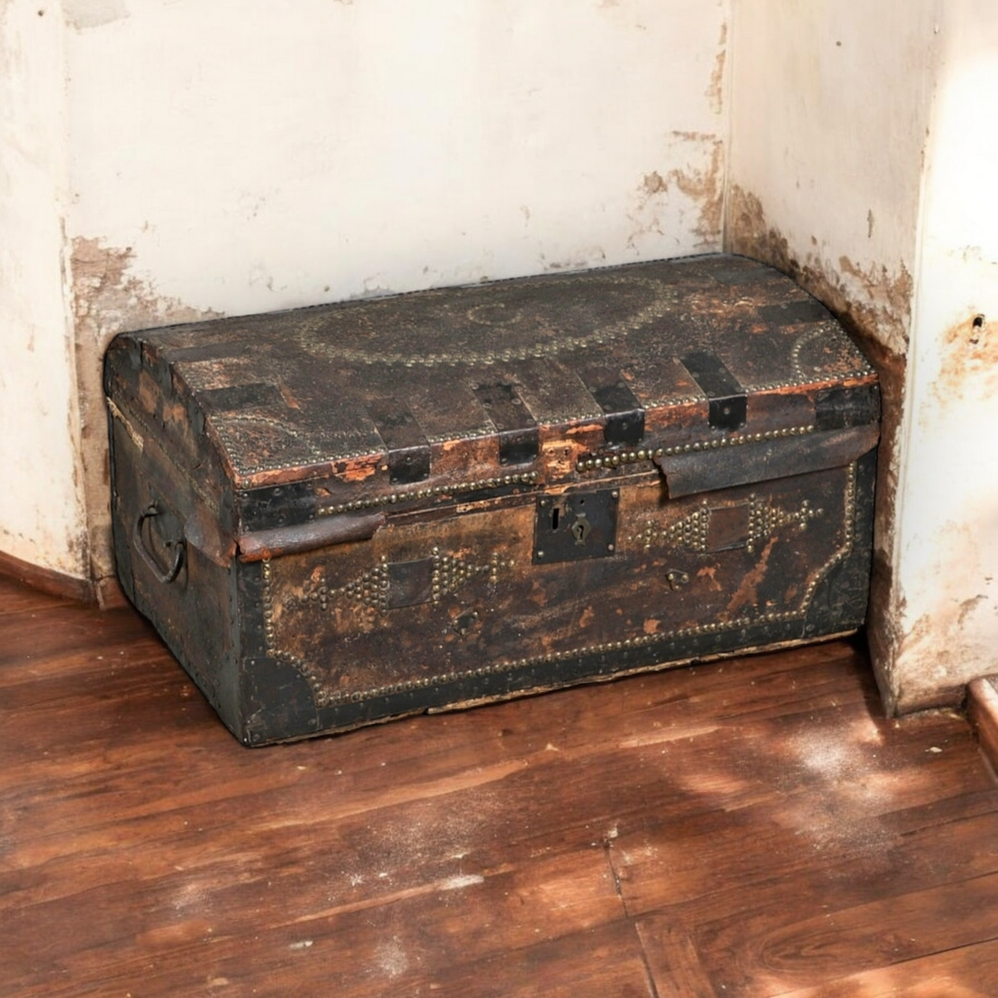 17th-Century English Antique Domed-Topped Leather-Clad Iron-Bound Chest / Trunk