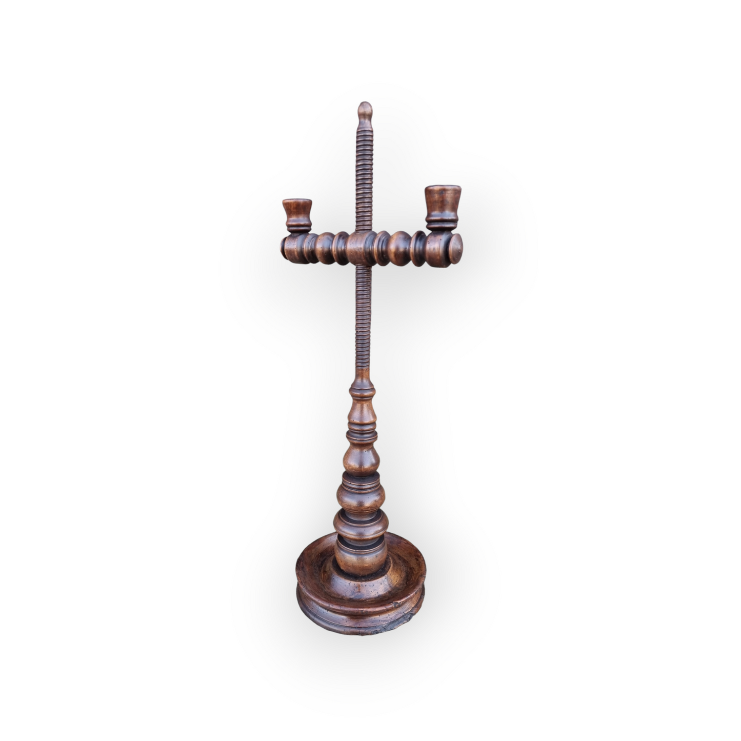 An 18th-Century Antique Treen Rise-And-Fall Two-Branch Candelabrum / Candlestick