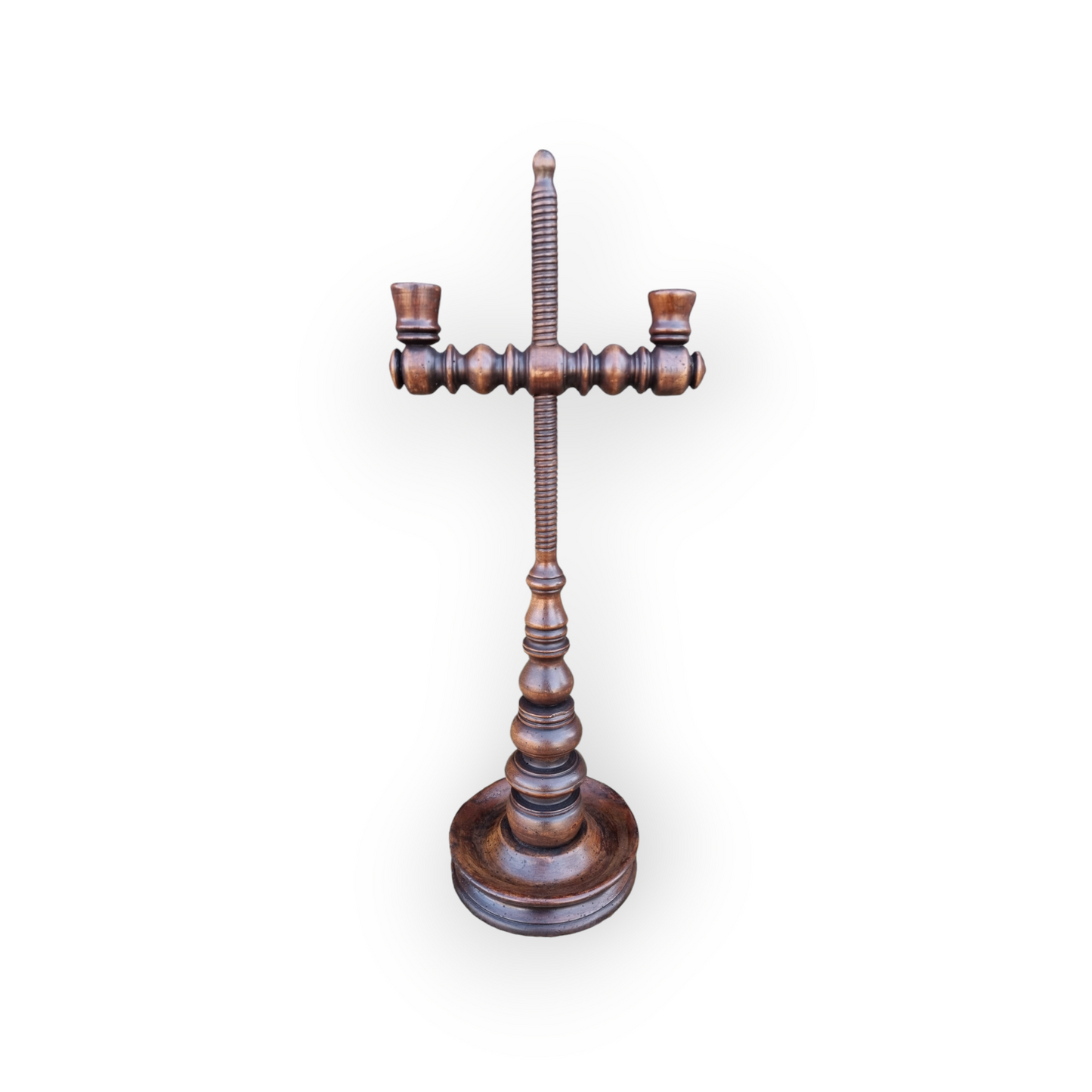 An 18th-Century Antique Treen Rise-And-Fall Two-Branch Candelabrum / Candlestick