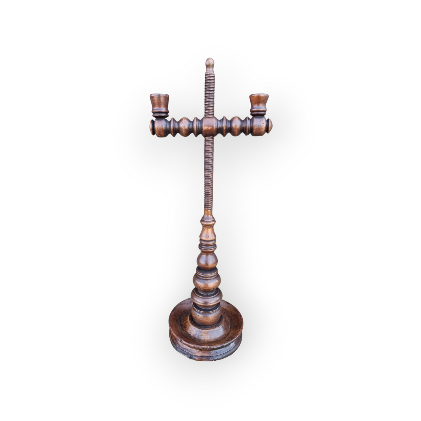 An 18th-Century Antique Treen Rise-And-Fall Two-Branch Candelabrum / Candlestick