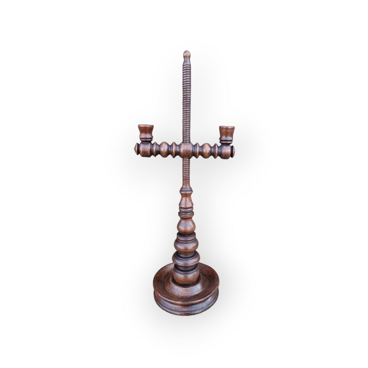 An 18th-Century Antique Treen Rise-And-Fall Two-Branch Candelabrum / Candlestick