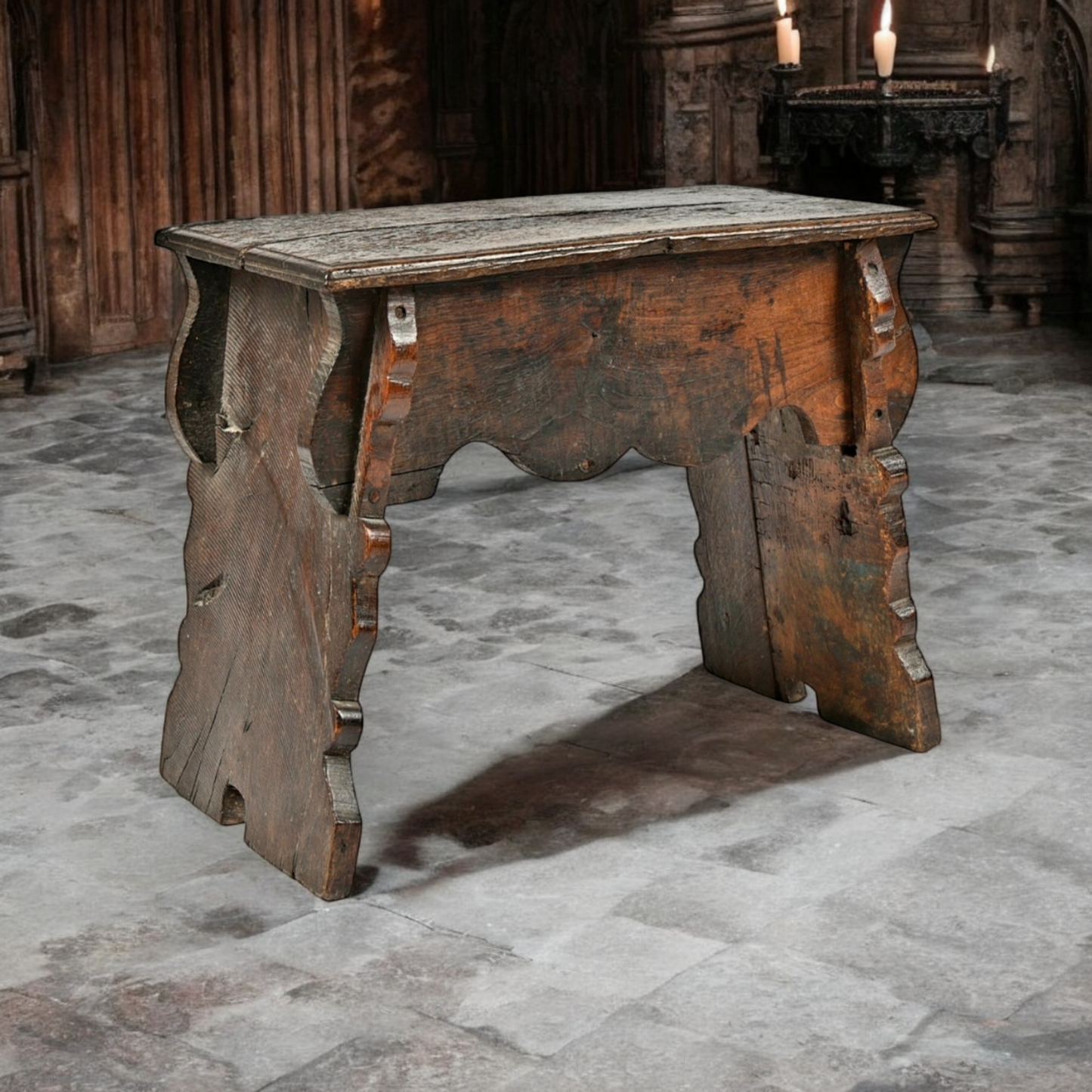 16th-Century Henry VIII Style English Antique Oak Boarded Stool