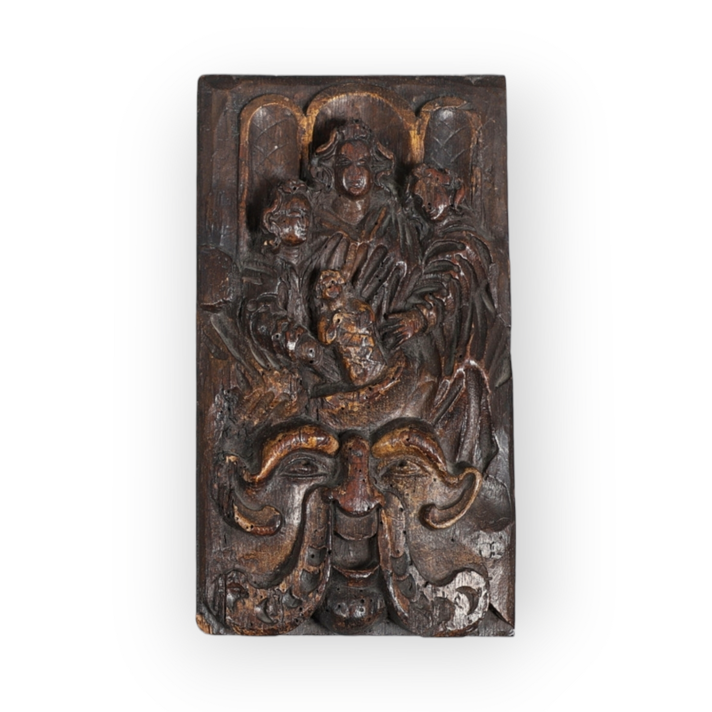 Early 17th-Century Continental Antique Carved Oak Panel Depicting The Virgin, Holy Infant, St. Helena, St. Francis & A Green Man, circa 1600