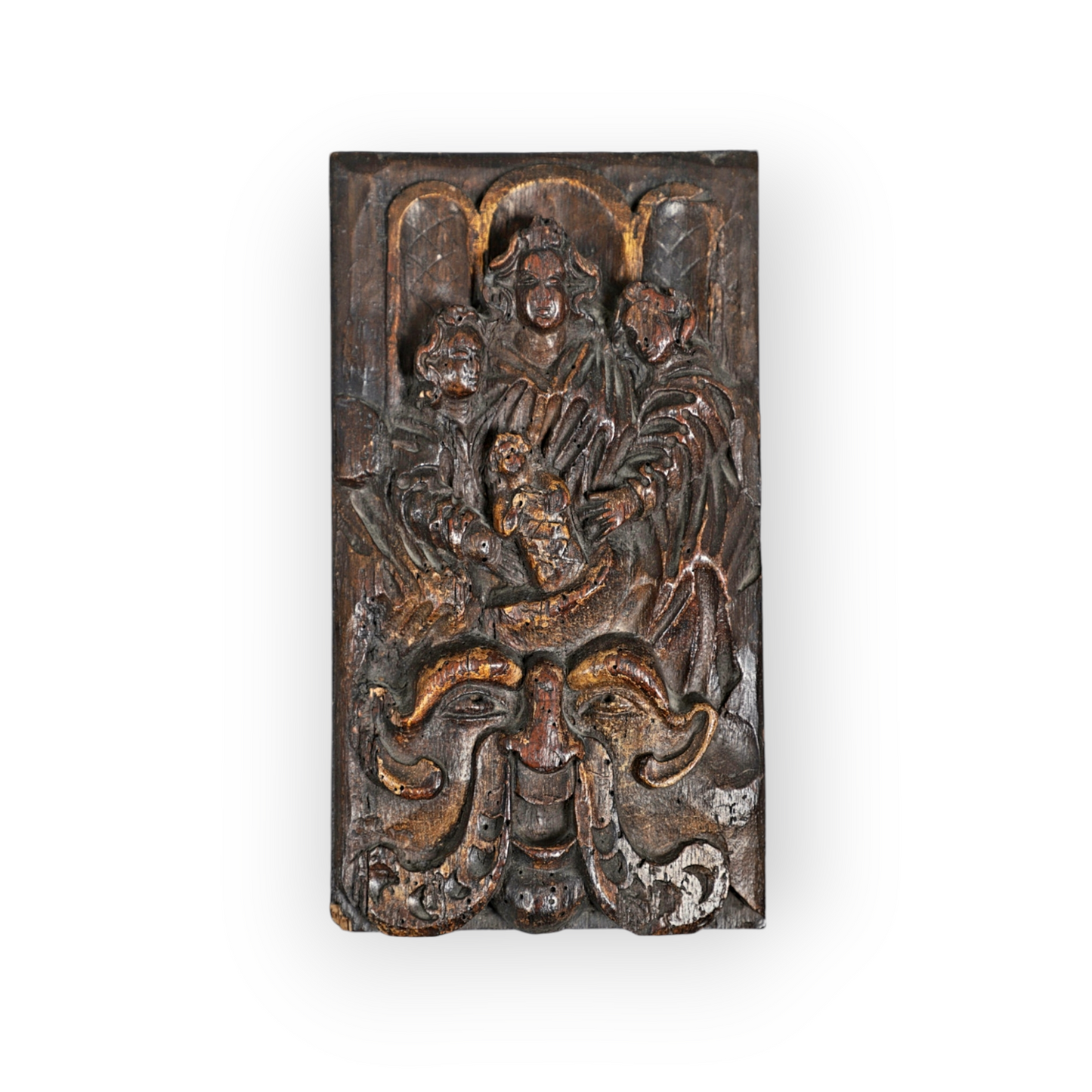 Early 17th-Century Continental Antique Carved Oak Panel Depicting The Virgin, Holy Infant, St. Helena, St. Francis & A Green Man, circa 1600