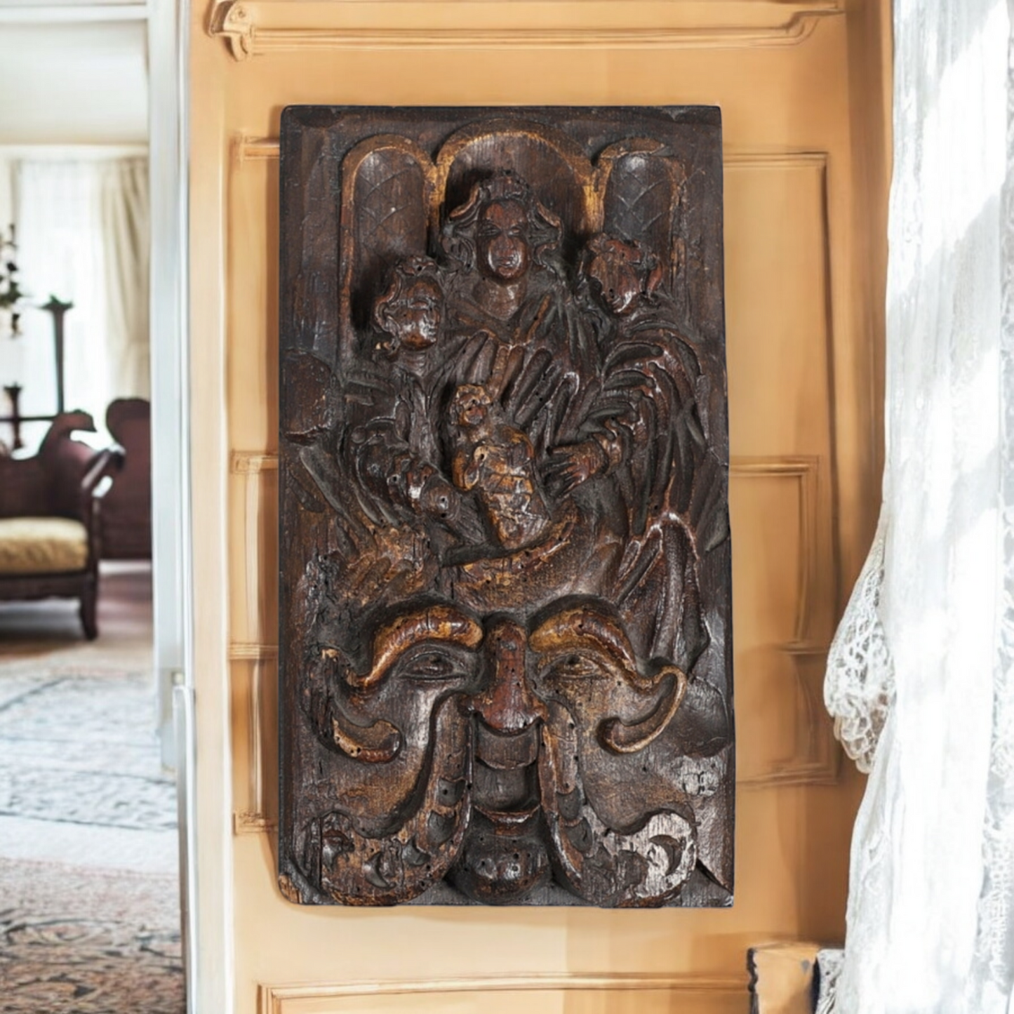 Early 17th-Century Continental Antique Carved Oak Panel Depicting The Virgin, Holy Infant, St. Helena, St. Francis & A Green Man, circa 1600