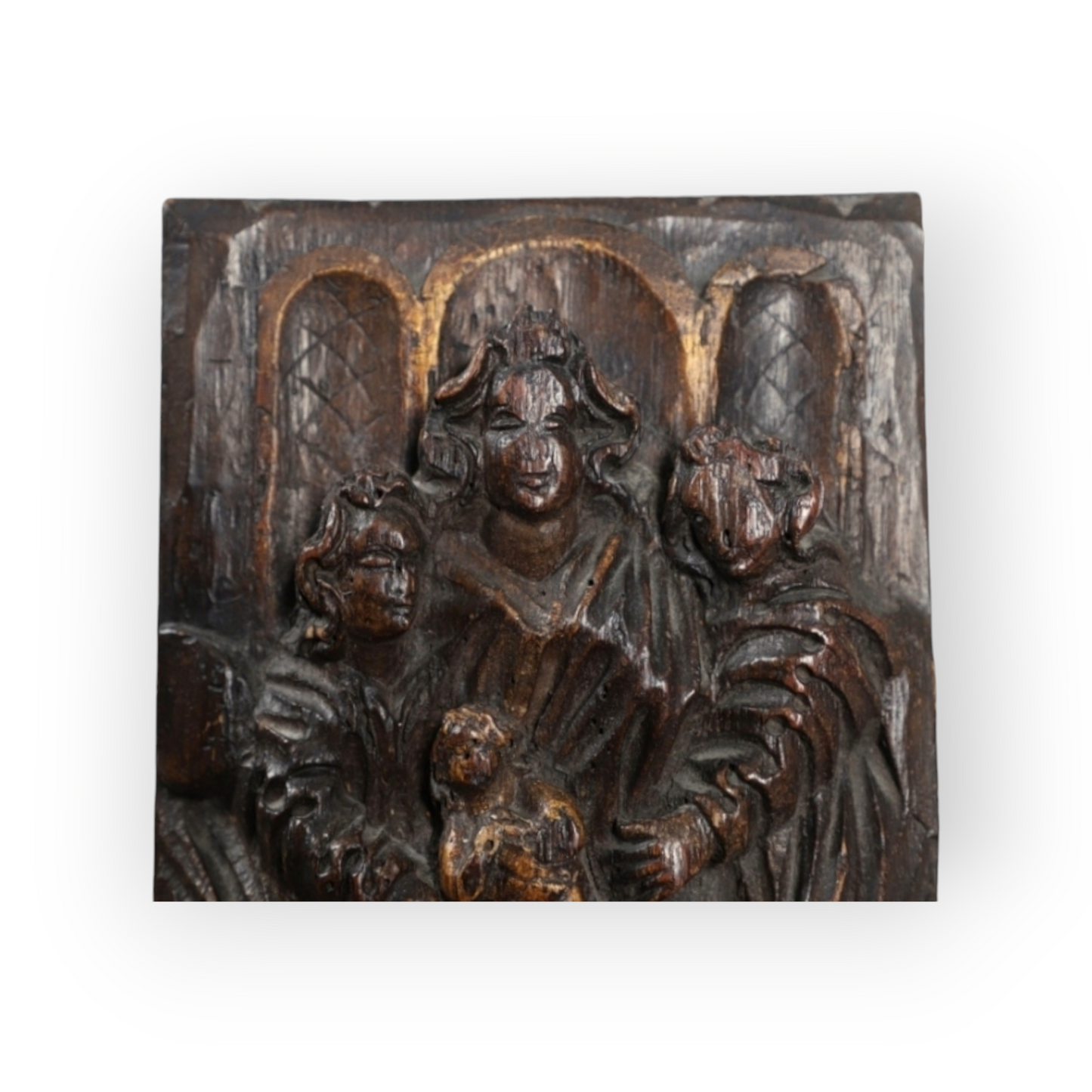 Early 17th-Century Continental Antique Carved Oak Panel Depicting The Virgin, Holy Infant, St. Helena, St. Francis & A Green Man, circa 1600