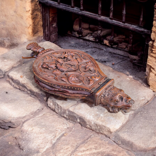 A Pair of 18th-Century Antique Carved Walnut Belllows In Attic Found Condition