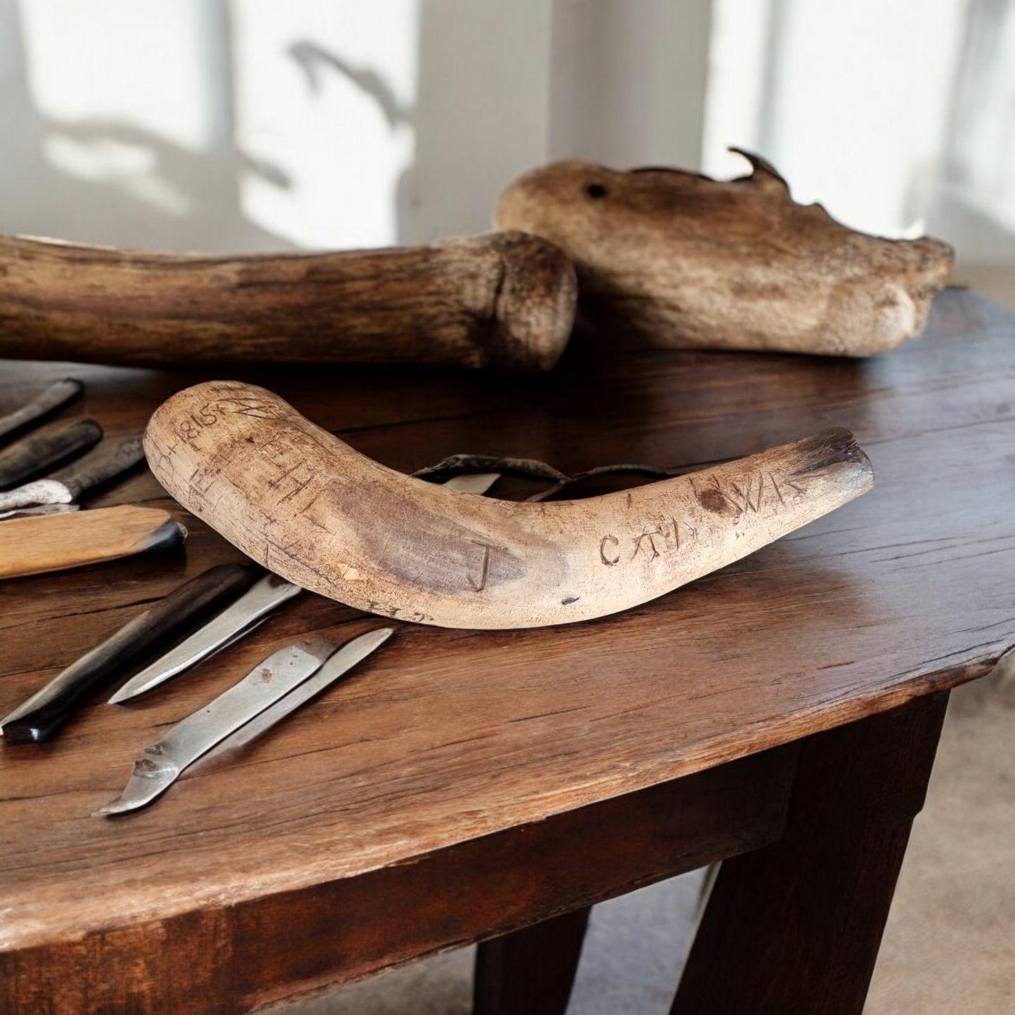 Early 19th-Century Naive / Primitive English Antique Folk-Art Graffiti-Carved Cow's Horn Dated 1815