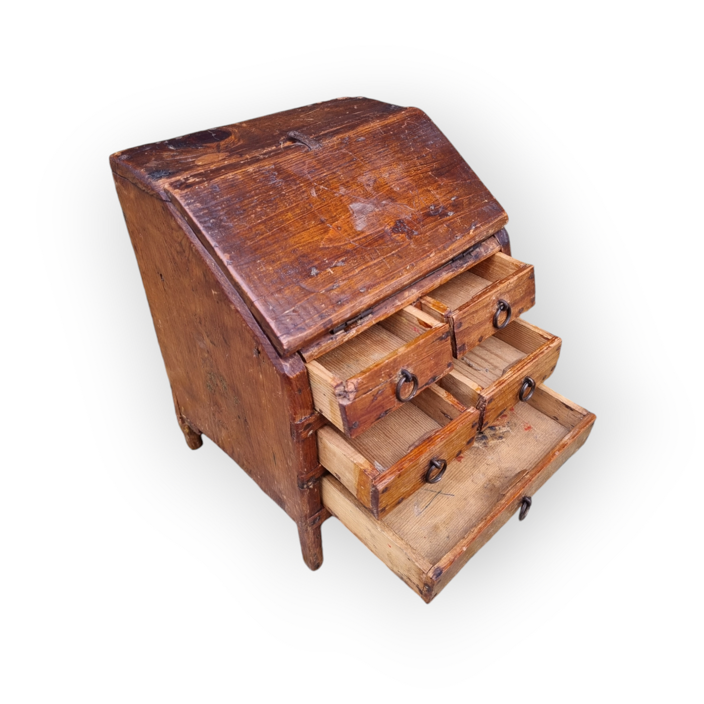 Primitive / Naive Early 19th-Century English Antique Folk Art Made Pine Miniature Bureau, Made As A Child's Toy