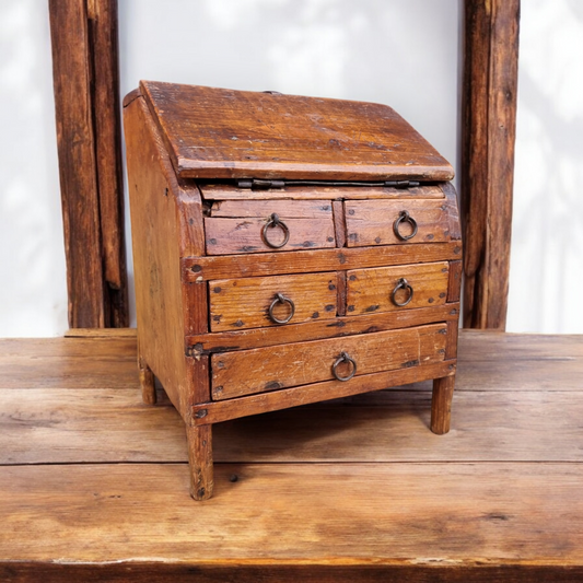 Primitive / Naive Early 19th-Century English Antique Folk Art Made Pine Miniature Bureau, Made As A Child's Toy