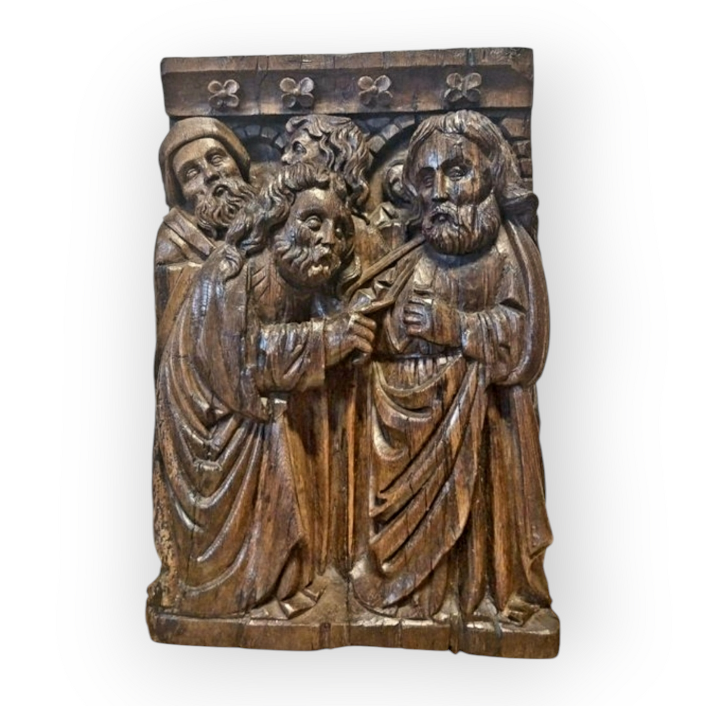 Large & Impressive 15th-Century Flemish Antique Carved Oak Retable Panel Depicting Christ & Doubting Thomas