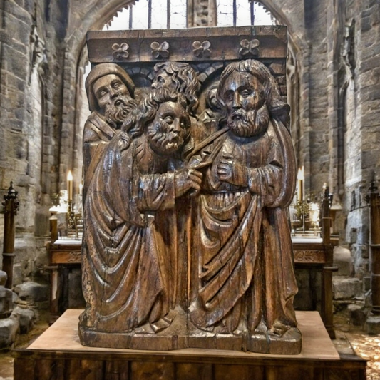 Large & Impressive 15th-Century Flemish Antique Carved Oak Retable Panel Depicting Christ & Doubting Thomas