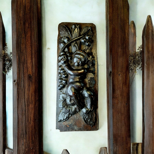 17th-Century Flemish Antique Carved Oak Panel Depicting A Cherub/Putto