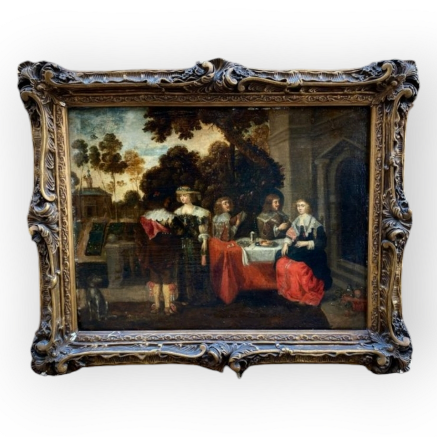 A mid-17th Century Flemish antique oil on canvas depicting courtiers banqueting.