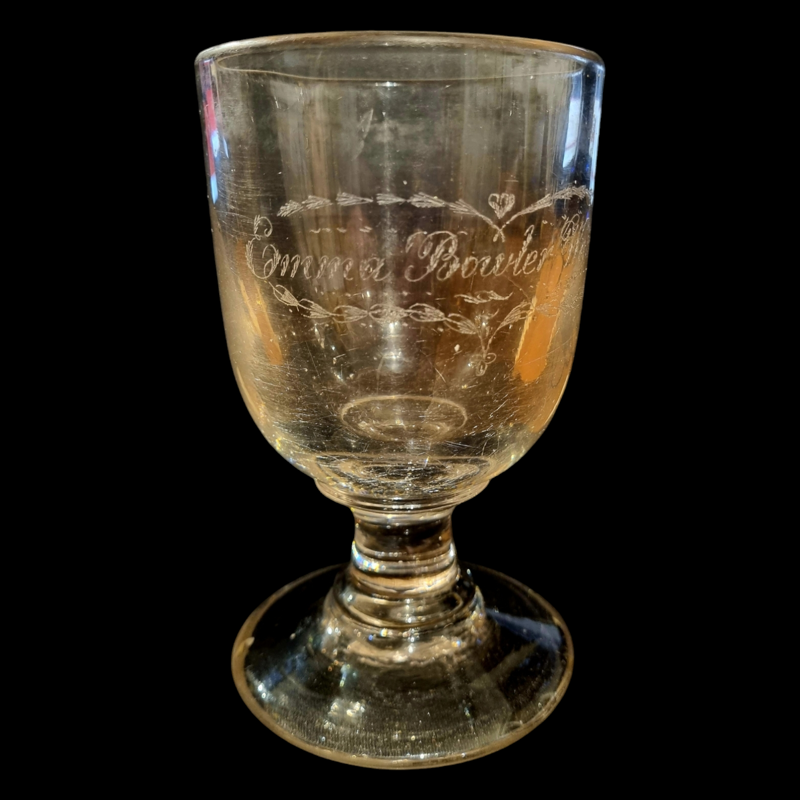 Mid 19th-Century English Antique Lead Crystal Pub Rummer Glass, Inscri ...
