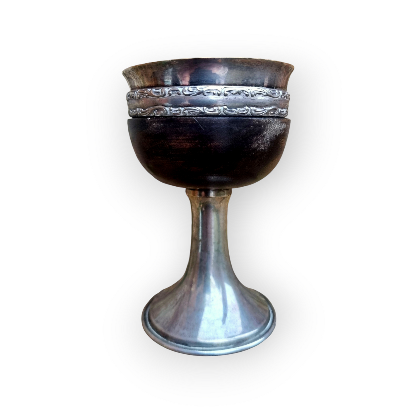 Diminutive 19th-Century Antique White Metal & Treen Travelling Communion Cup