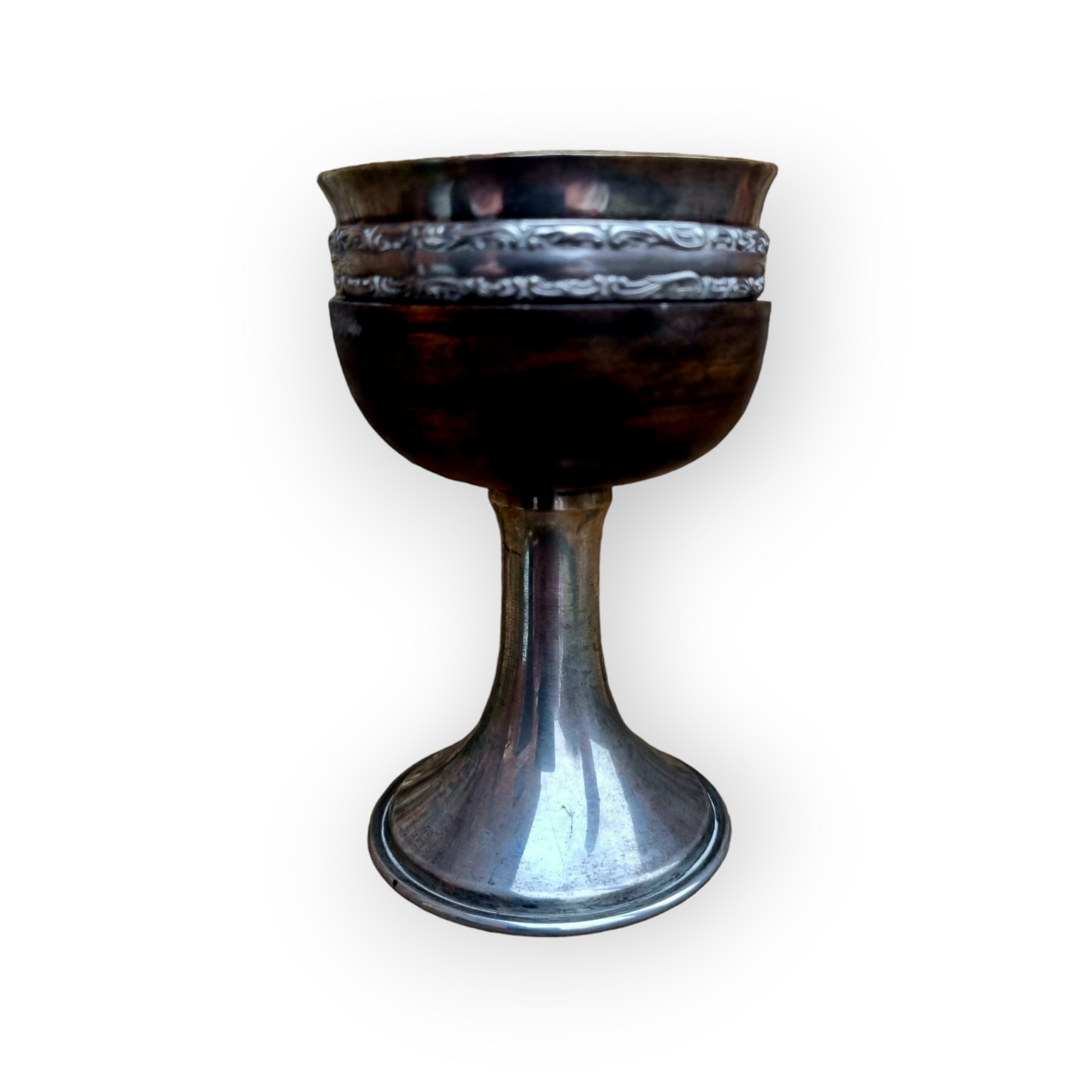 Diminutive 19th-Century Antique White Metal & Treen Travelling Communion Cup