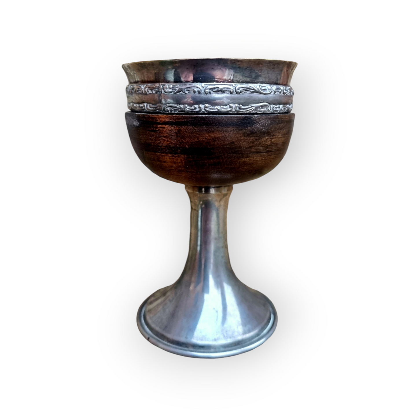 Diminutive 19th-Century Antique White Metal & Treen Travelling Communion Cup