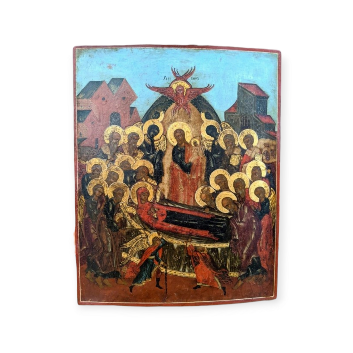 Late 18th-Century Russian Orthodox Antique Icon Depicting The Dormition Of The Virgin