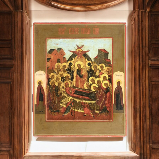 Late 18th-Century Russian Orthodox Antique Icon Depicting The Dormition Of The Virgin