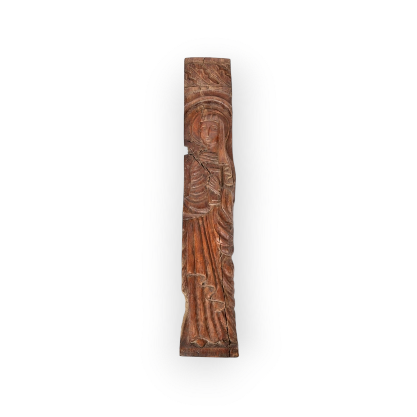 Naive 18th-Century Antique Carved Walnut Panel Fragment Depicting The Virgin