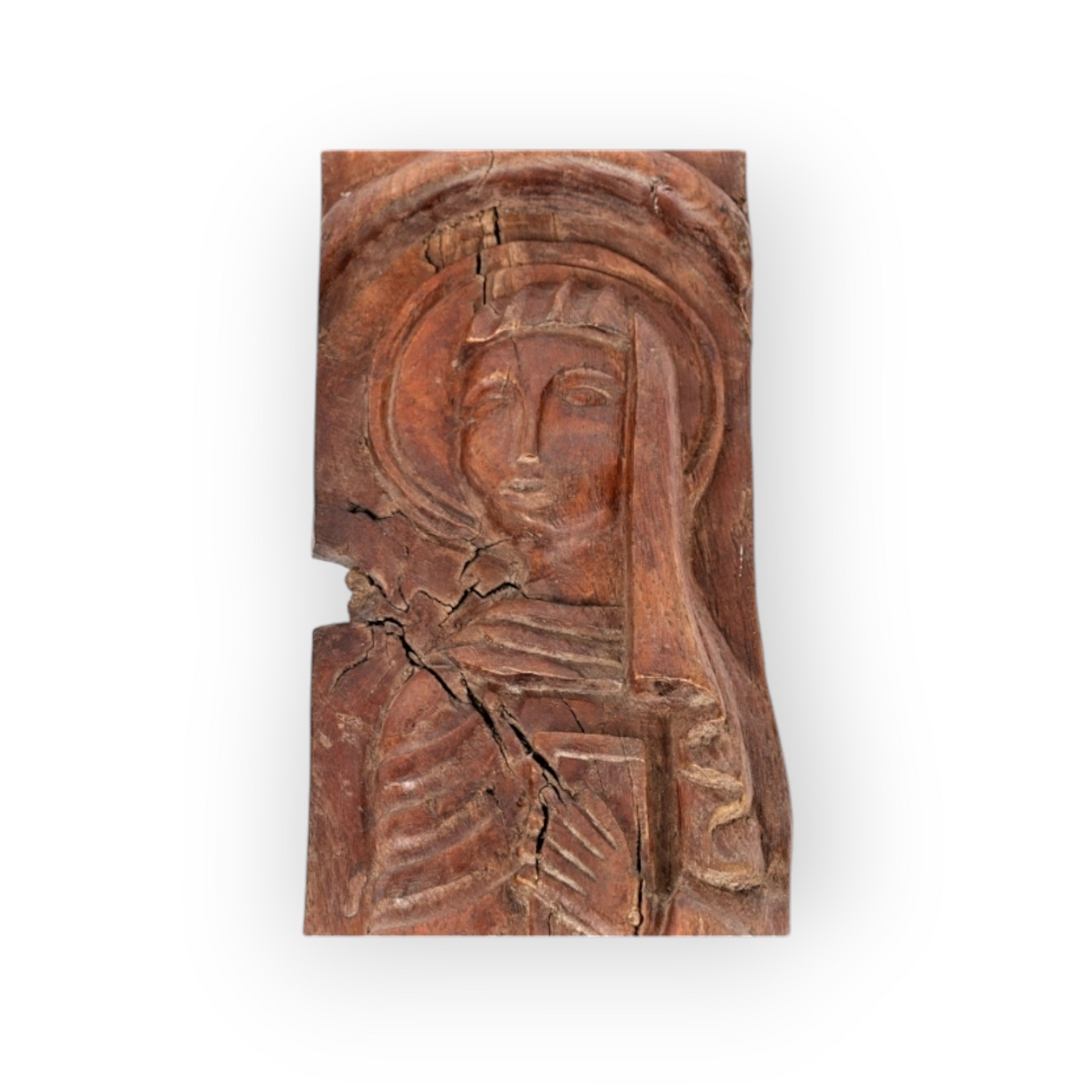 Naive 18th-Century Antique Carved Walnut Panel Fragment Depicting The Virgin