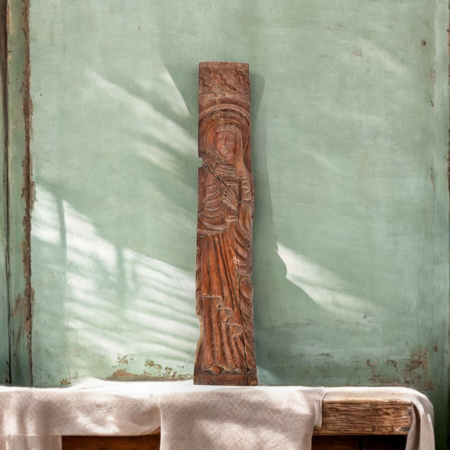 Naive 18th-Century Antique Carved Walnut Panel Fragment Depicting The Virgin