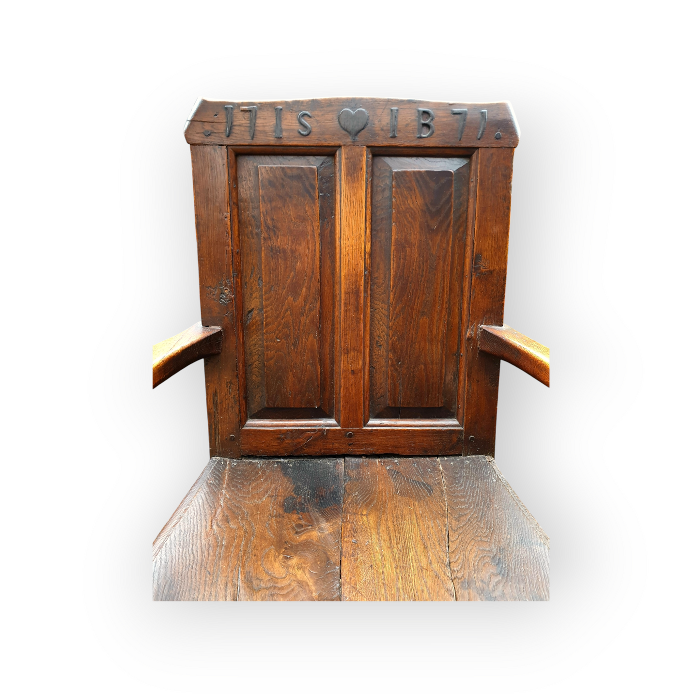 18th-Century Welsh Antique Oak Wainscot Armchair, The Cresting Rail Carved With A Love Heart, The Initials "IS" & "IB" & Dated "1771"